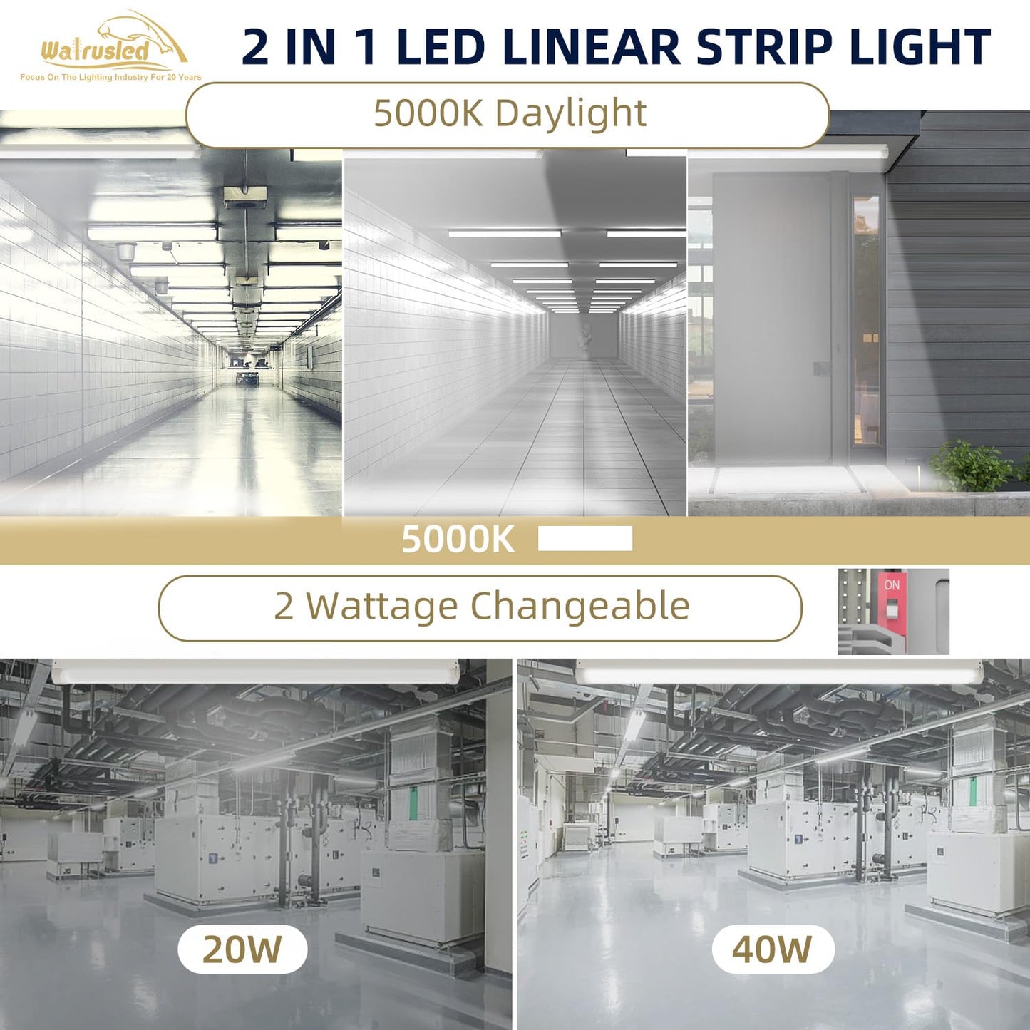 2 Pack 4FT Tri-Level Motion Sensor LED Linear Strip Stairwell Light with Remote, 20W/40W 2500lm/5000lm 5000K, IP20, 100-277V, Dimmable 4 Foot