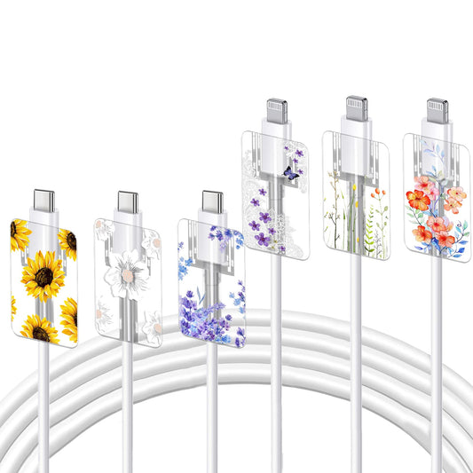 Cute Floral Cable Protector for iPhone Charger Lavender Camellia Sunflower Flower Bouquet Lace Cherry Blossom Pattern 6 pcs Set Cable Protector