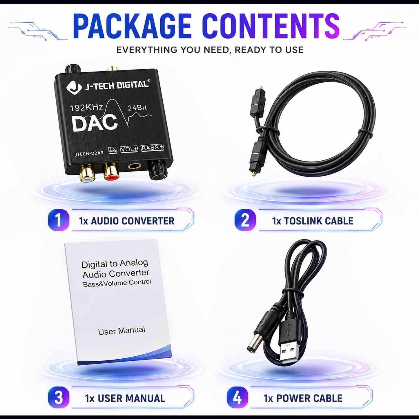 Digital to Analog Audio Converter with Headphone Amplifier & Bass Control by J-Tech Digital | 192kHz 24bit Optical Coaxial RCA 3.5mm