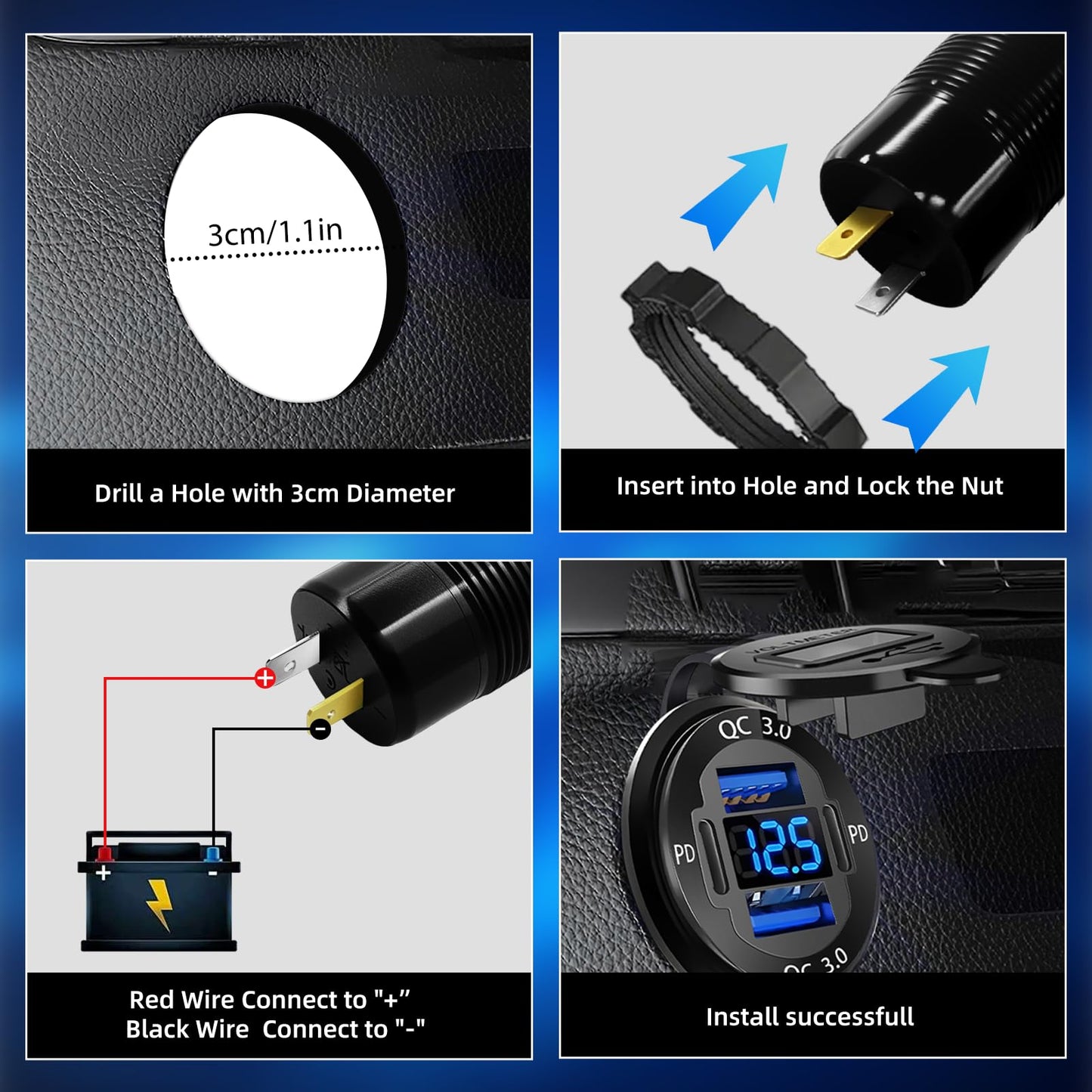 12 Volt USB Charger, 12v USB 4-Port Aluminum Alloy USB C Outlet with LED Voltmeter,Dual PD3.0 & QC3.0 for 12/24V Car Golf Cart Boat Marine Bus Truck