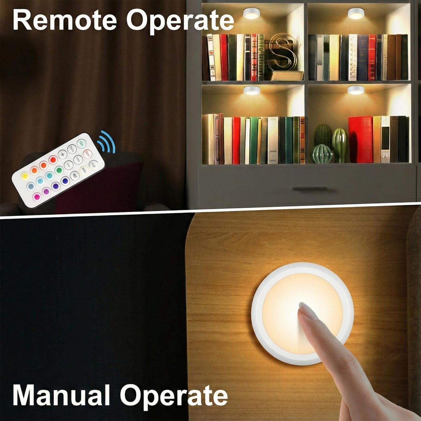 Alivation Led Under Cabinet Lighting Battery Operated Light, 6 Puck Lights with Remote Control, 13 Color Changing Stick on, Touch Push Tap Lights