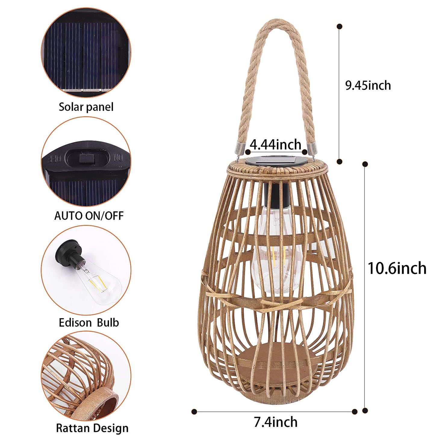 Natural Rattan Solar Lantern with Handle - Large Waterproof LED Decorative Garden Lights, Bright Rattan Solar Table Lamp for Yard, Patio, Wedding