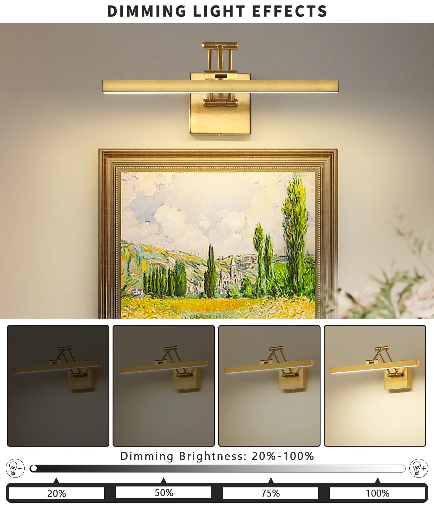 Pasoar Hard-Wired Picture Light Dimmable LED Picture Lights for Paintings 15.7" Inch Brass Metal Body Wall Pictures with Adjustable Gold Swing Arm Art