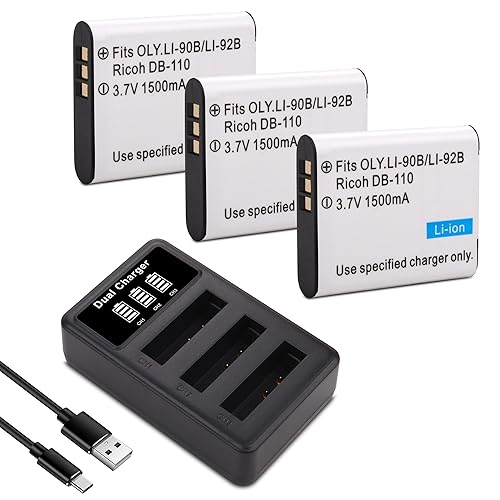 3-Pack DB-110 Li-90B Li-92B Battery, Charger for Olympus Tough TG-7, TG-6, TG-5, TG-Tracker, SH-1, SH-2, SP-100 IHS, Tough TG-1 iHS, TG-2 iHS, TG-3