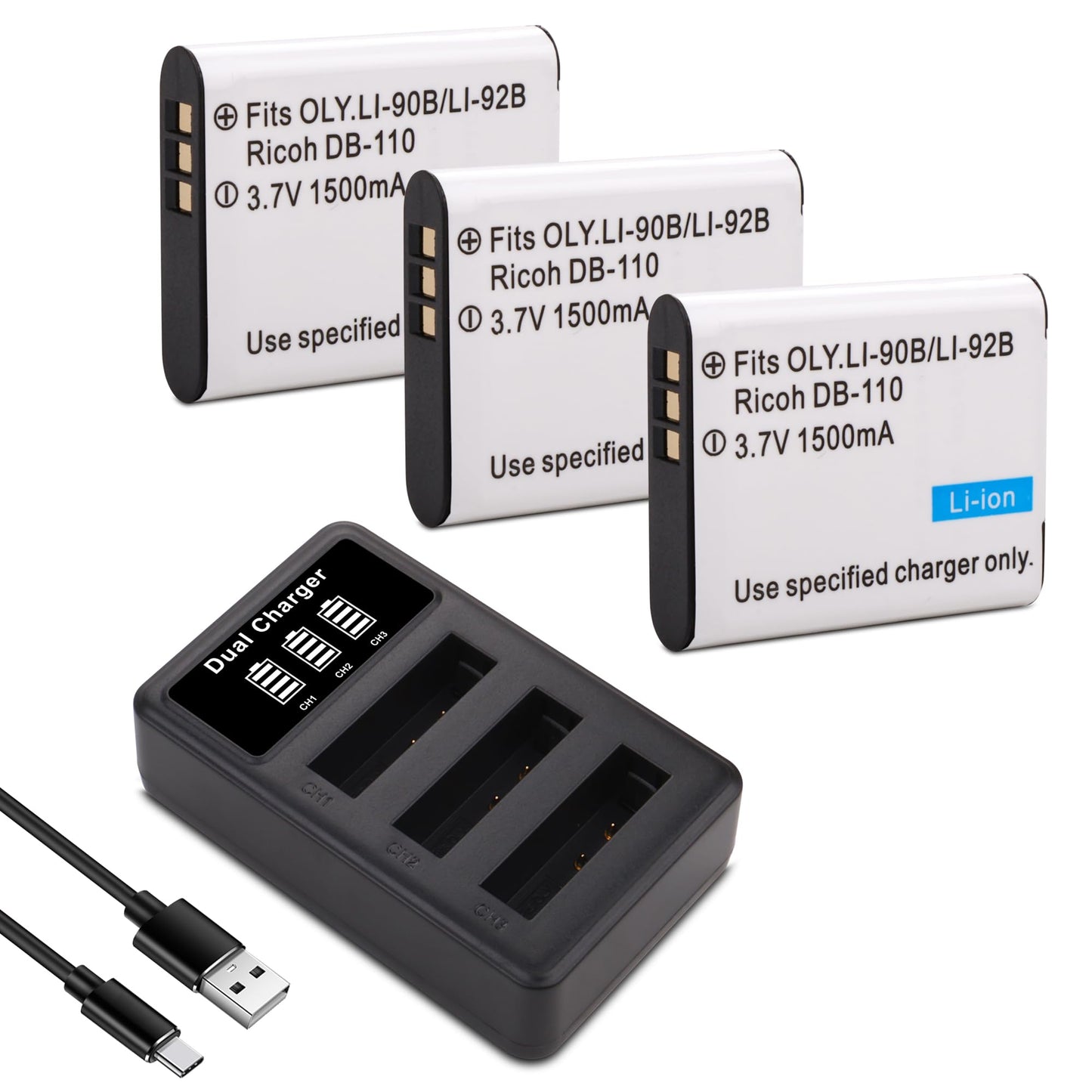 3-Pack DB-110 Li-90B Li-92B Battery, Charger for Olympus Tough TG-7, TG-6, TG-5, TG-Tracker, SH-1, SH-2, SP-100 IHS, Tough TG-1 iHS, TG-2 iHS, TG-3