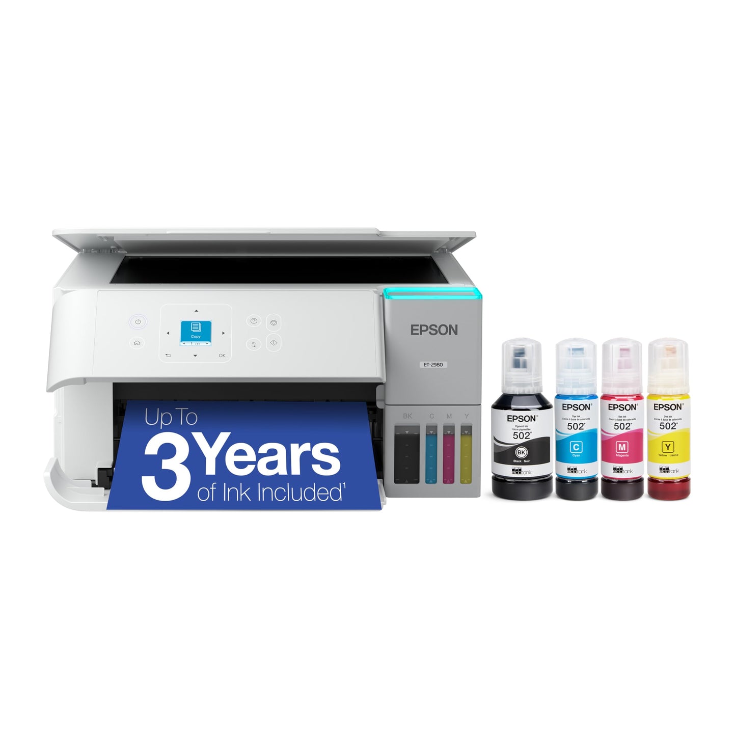 Epson EcoTank ET-2980 Wireless All-in-One Color Supertank Printer with Refillable Ink Tanks, 3 Years of Ink, Mobile Printing, 15 PPM, Color