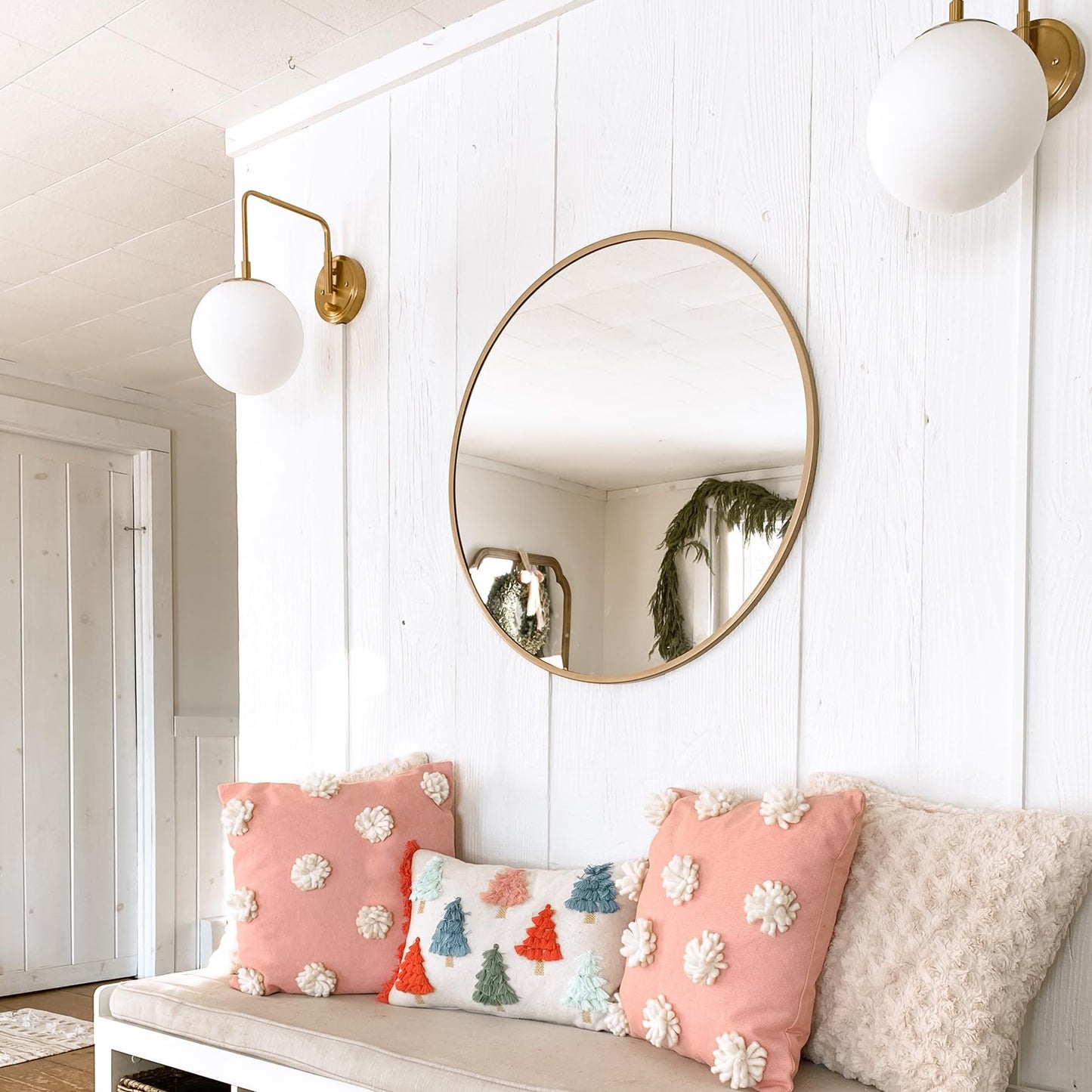 DAYCENT Gold Plug in Wall Sconce with Milk Glass Shade Globe Sconces Wall Lighting Modern 1-Light Brass Swing Arm Wall Light Fixture for Hallway