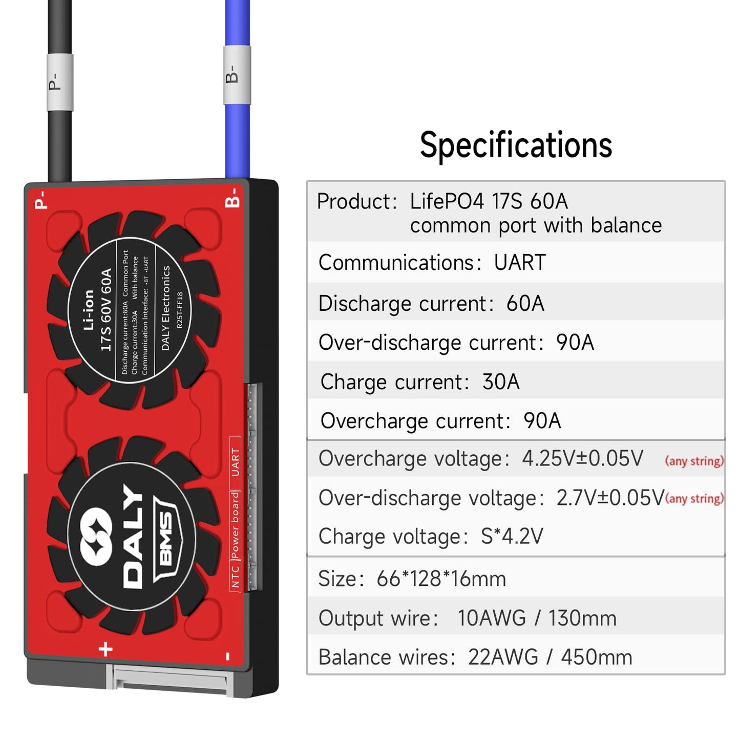 DALY Smart BMS Li-ion 17S 60V 60A with Visible Data Monitoring App Bluetooth Module, UART Communication for Rated 3.7V Lithium Battery Pack Management