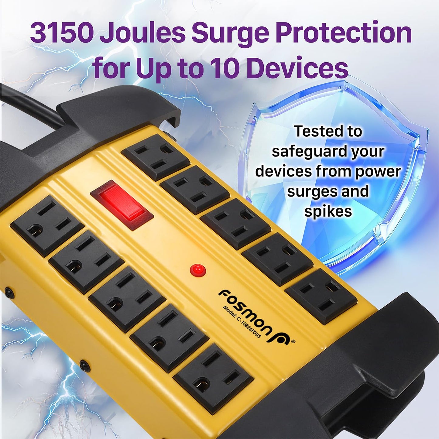 Fosmon 10-Outlets Heavy Duty Power Strip Metal Surge Protector with 3150 Joules & 15 Amps, 15-FT Wall Mountable Extension Cord for Garage, Workshop