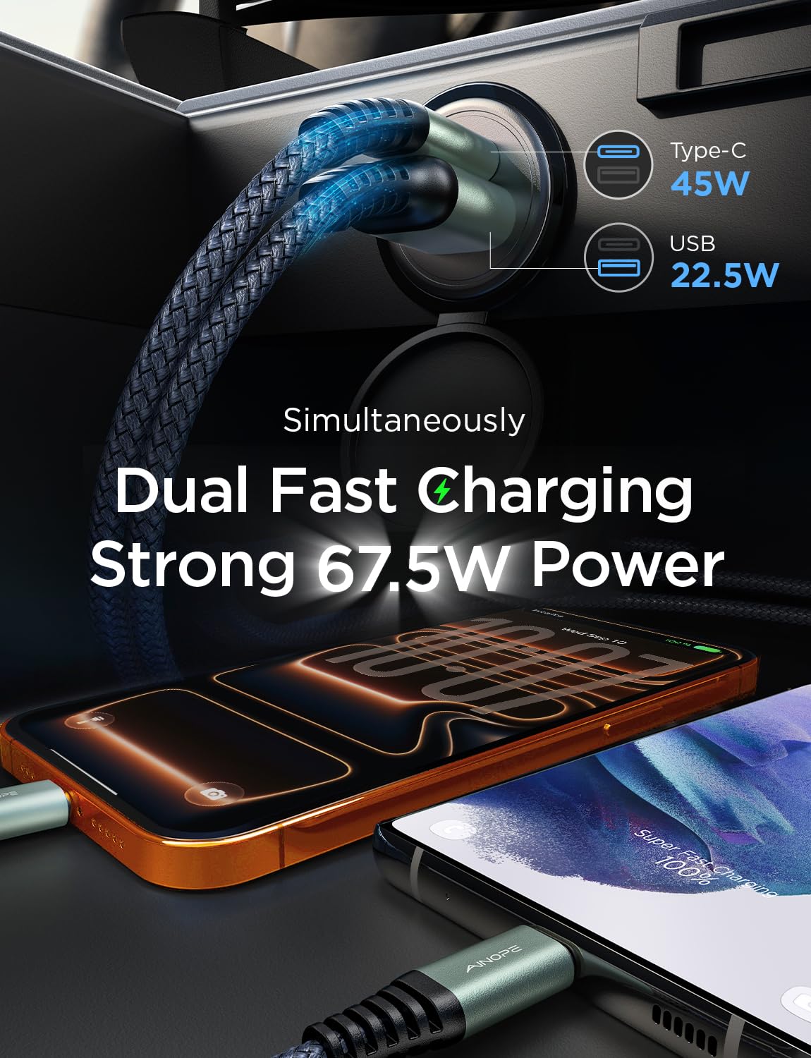 AINOPE 67.5W [Mini&Metal] Cigarette Lighter Adapter Car Charger USB C Fast Charging, PD&QC Cigarette Lighter USB Charger 12V Outlet Plug Socket