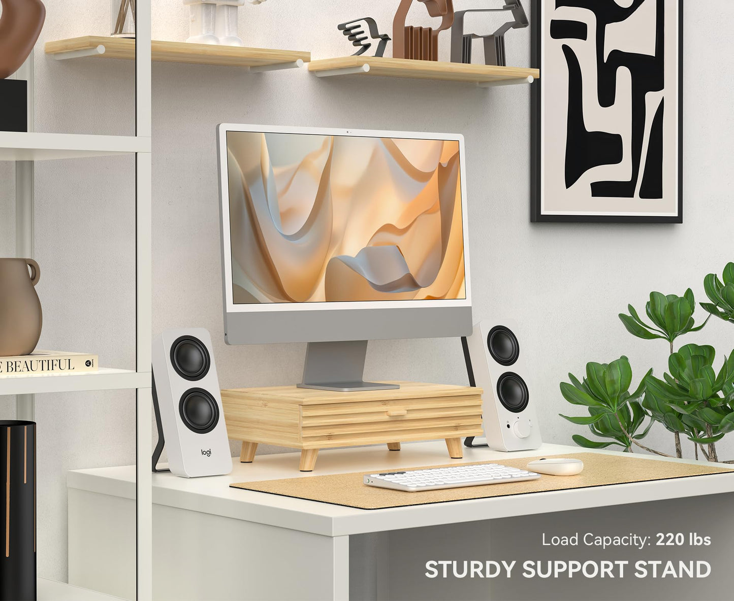 WELL WENG Bamboo Monitor Stand with Drawer - Desk Organizer with Cable Management & Storage, Ergonomic Laptop Riser for Home Office (220lbs Capacity