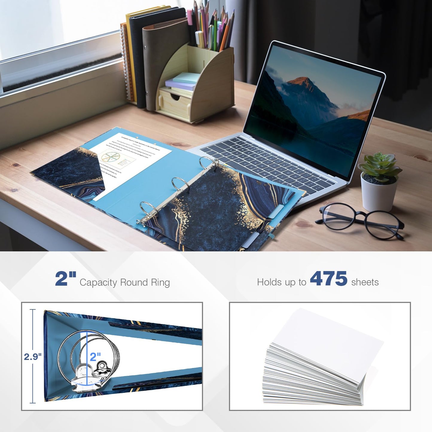 Ospelelf 3 Ring Binder, 2 Inch Letter Size (11" x 8.5") with 5 Tab Dividers, File Folder Labels and Low Profile Clipboards, Blue Marble Binder