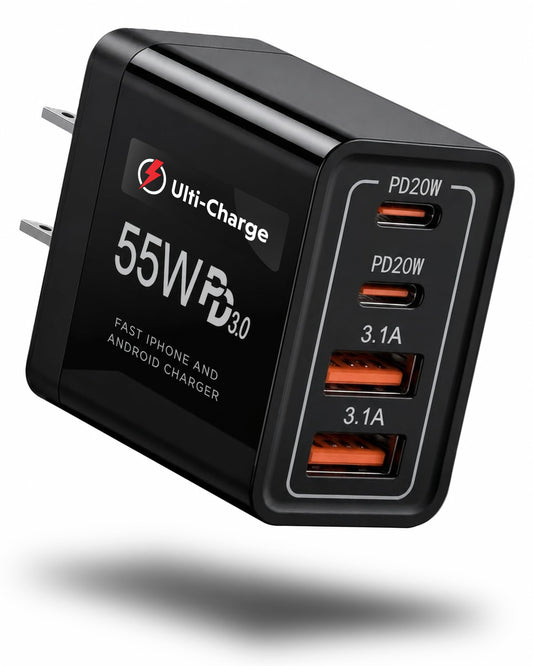 Ulti Charger 4 Ports with Quick USBC Charger Boltz Pro Lightning Fast Charging Block for Smart Phones, Tablets, Devices with Multiple Ports | Wall