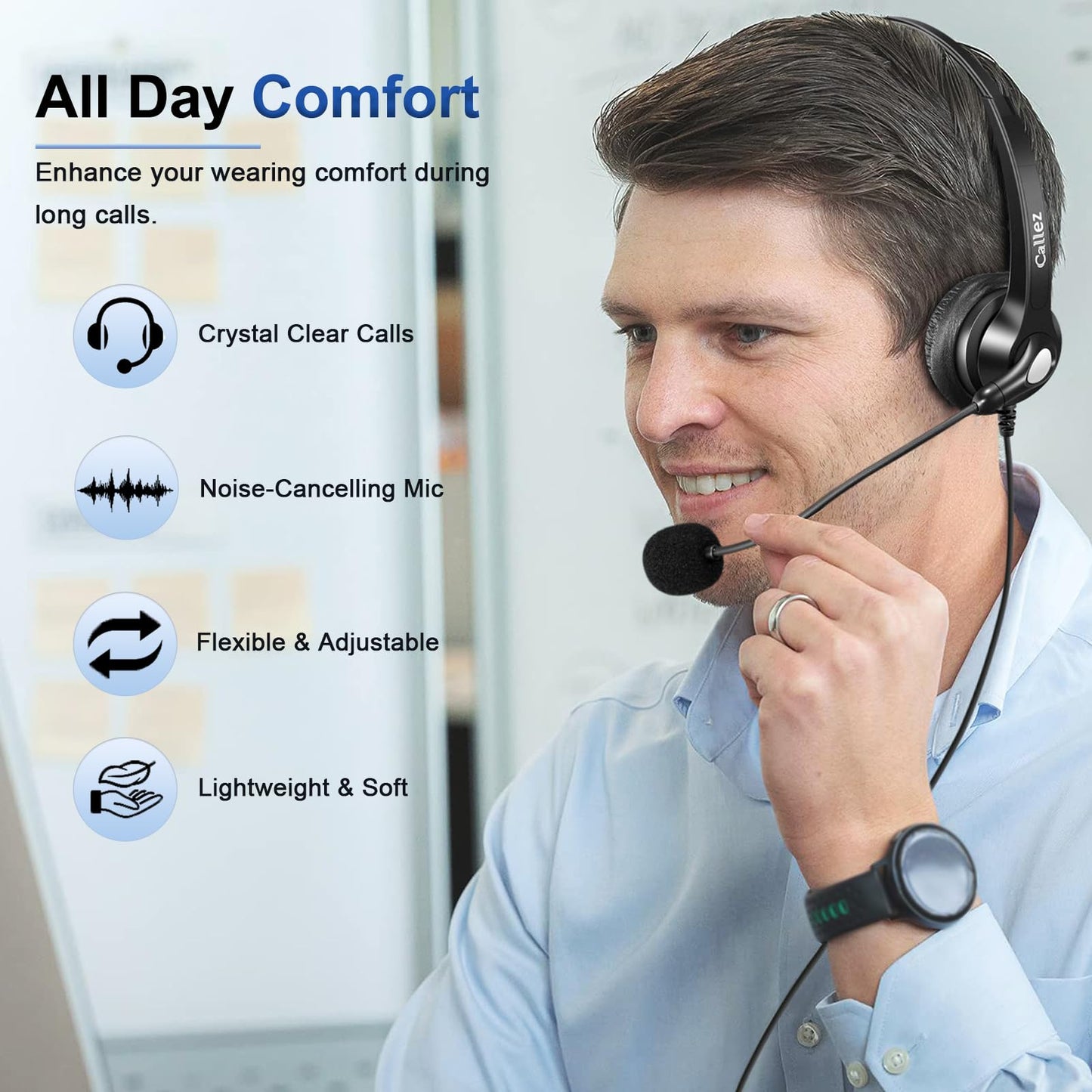 Callez RJ9 Telephone Headset Dual for Polycom Phone with Noise Cancelling Mic & Corded Office Phone Headset Compatible with Polycom Avaya Plantronics