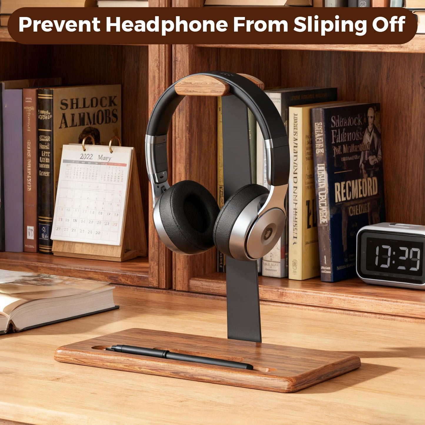 DEMEGA Walnut Headset Stand for Desk with Phone Holder | Headphone Stand Headphone Holder (Natural Wood)