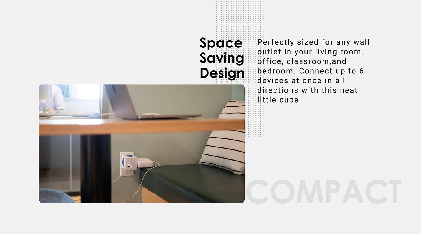 Allocacoc PowerCube Original USB; 4 Outlets Surge Protector 2 USBs Cubic Multi Socket Extender Power Tab Space Saving Compact No Blockage Dorm Home