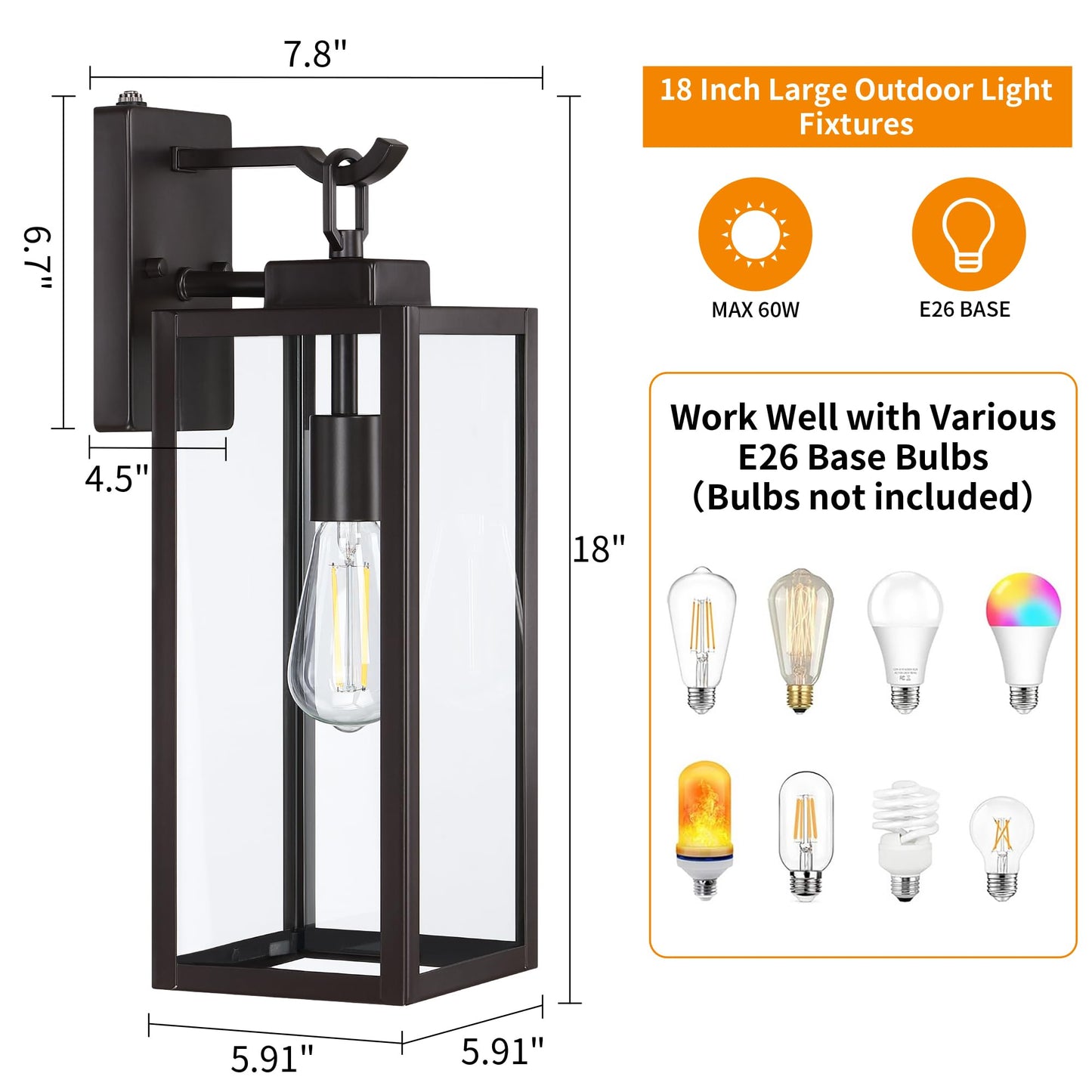 GRUENLICH Dusk to Dawn Outdoor Wall Light Fixtures, 18 Inch Bronze Exterior Waterproof Porch Sconce Lighting, E26 Socket & Tempered Glass, Double