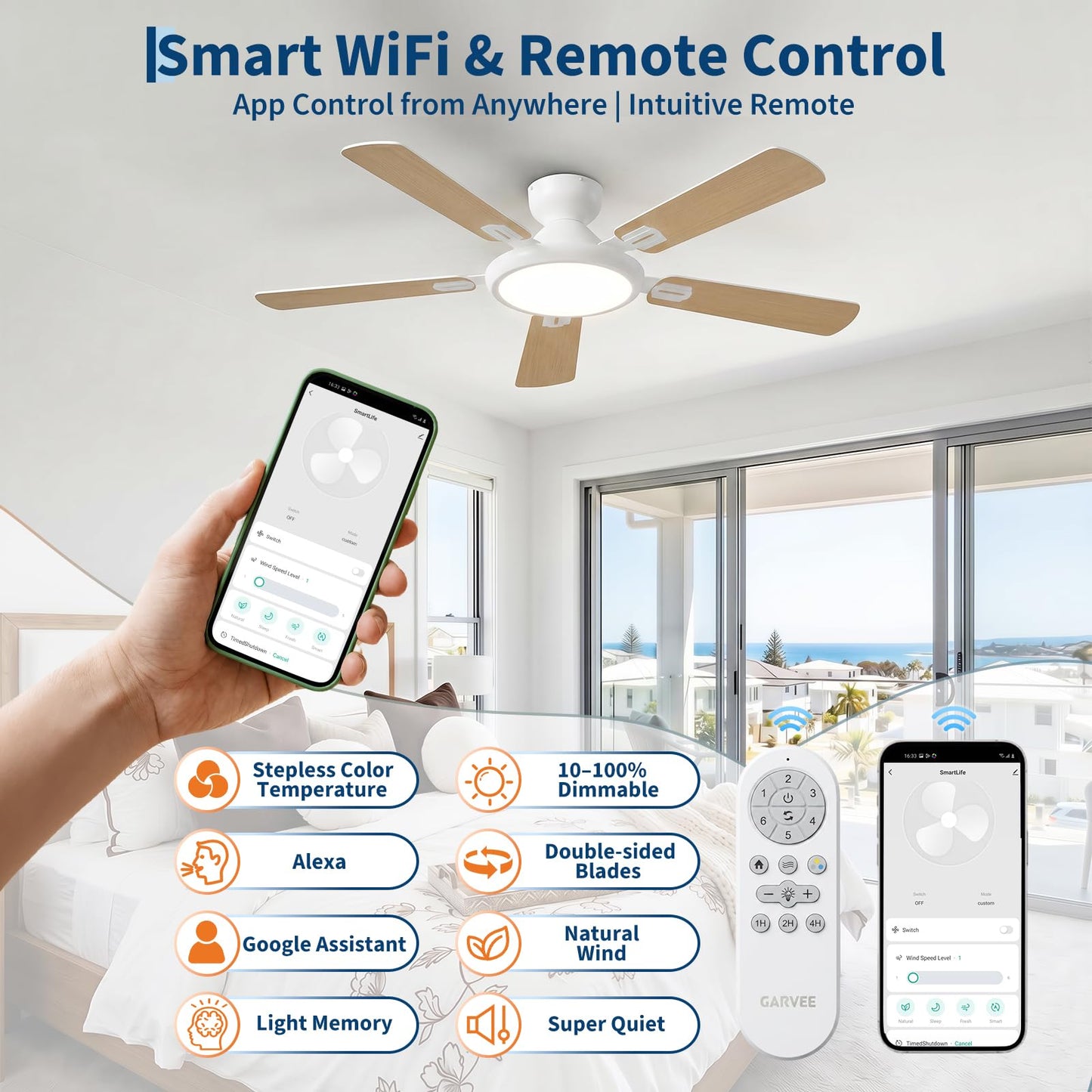 Garvee 52" Smart Ceiling Fan with Lights, White