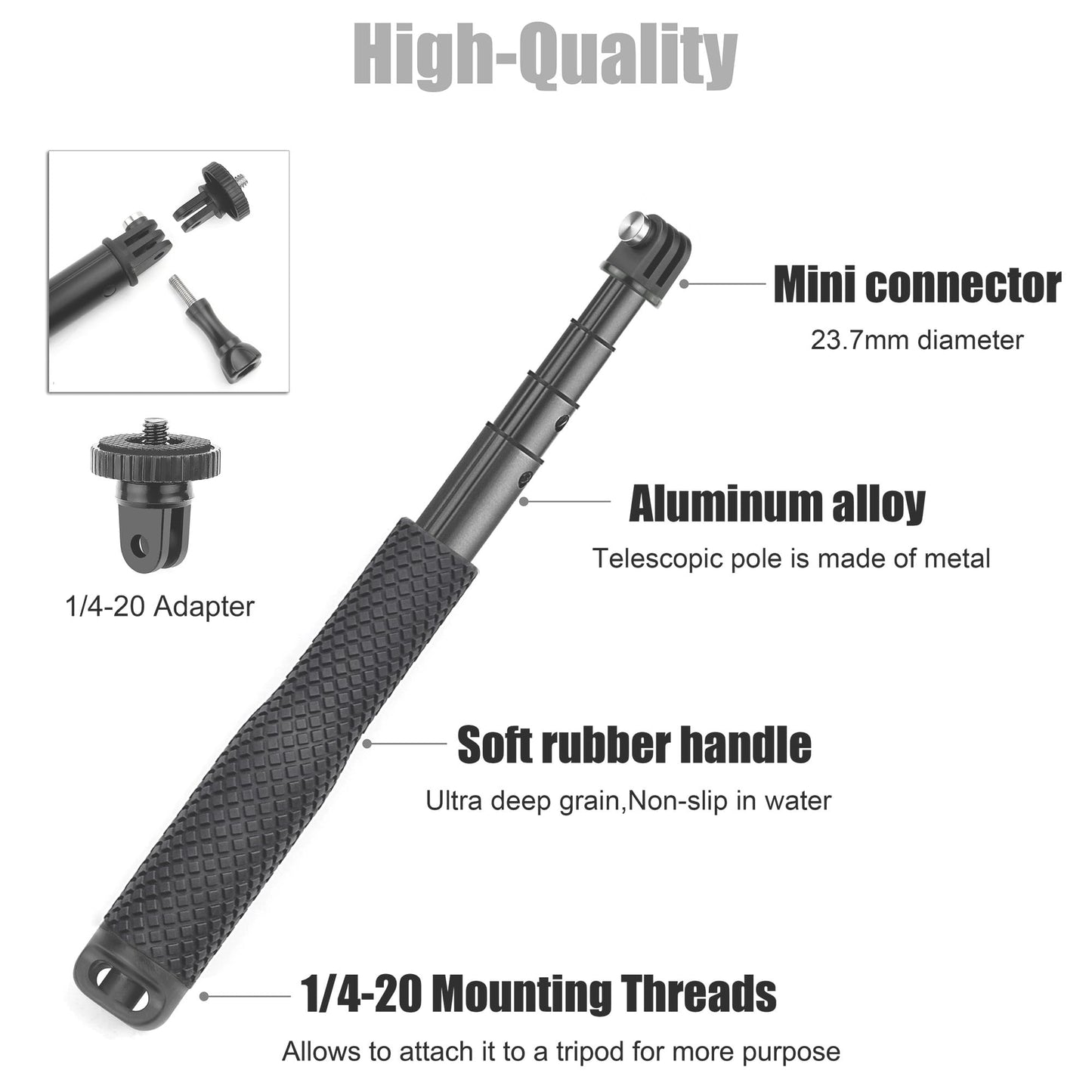 SOONSUN 23'' Short Extension Selfie Stick Compact Hand Grip Waterproof Monopod Pole for GoPro Hero 13 12 11 10 9 8 7 6 5 4, Fusion, Session, Insta360