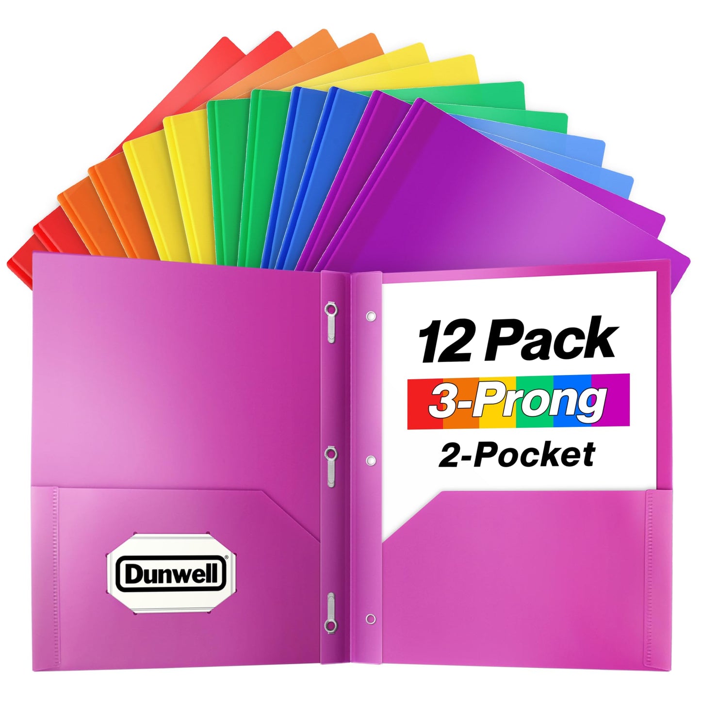 Dunwell Plastic 2 Pocket Folders with 3 Prongs, (12 Pack, Assorted Colors), Tear-Resistant, Long Lasting Acid-Free Poly 3-Clasp Folders