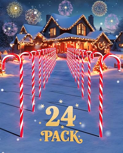COOLWUFAN 24 Pack Christmas Candy Cane Pathway Lights, 22'' Outdoor Christmas Decorations Path Lights, Waterproof Candy Cane Yard Markers for Walkway