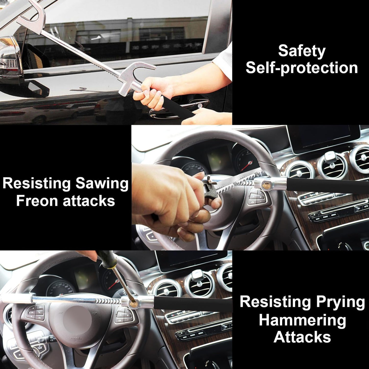 Tevlaphee Steering Wheel Lock for Cars,Wheel Lock,Vehicle Anti-Theft Lock,Adjustable Length Clamp Double Hook Universal Fit Emergency Hammer Window