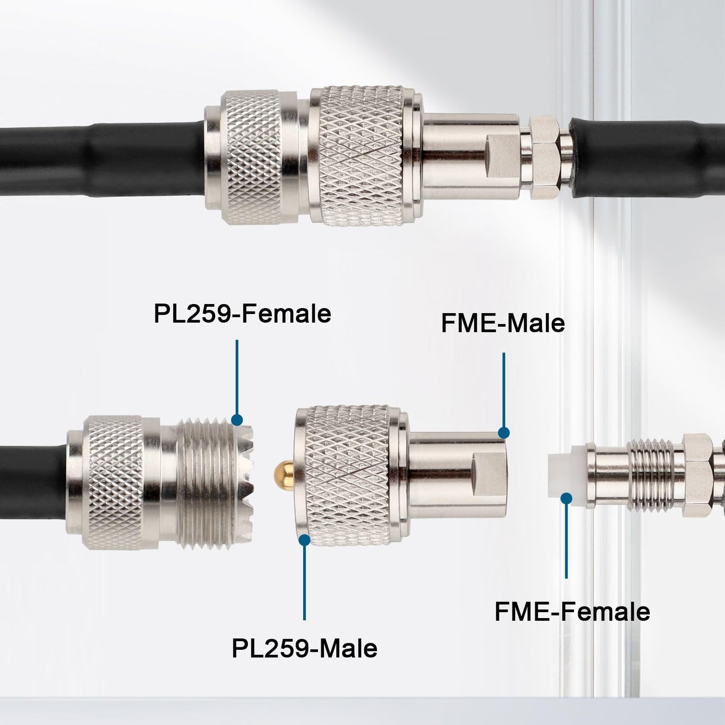 MOOKEERF 2 PCS FME Male to UHF PL-259 Male Adapter Connector Low Loss FME to PL259 Connector for CB Ham Radio Antenna