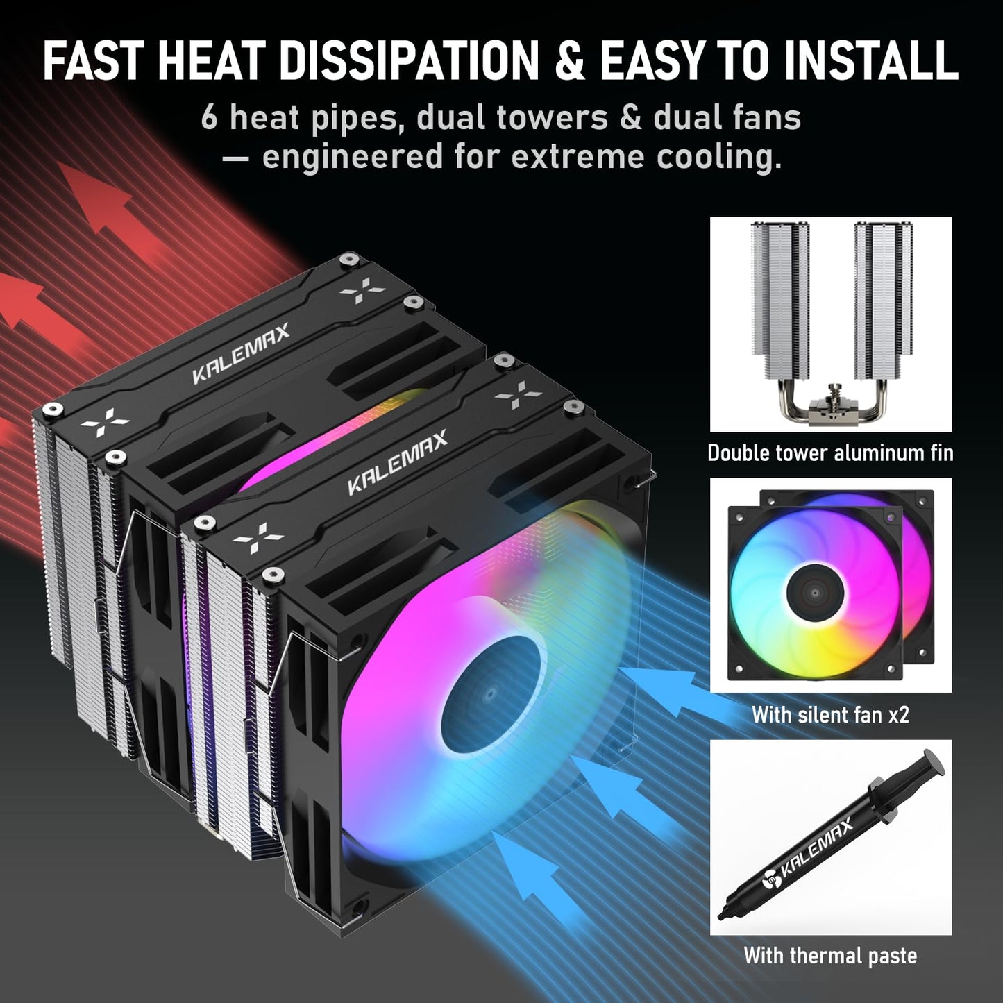 Kalemax CPU Cooler, Dual-Tower, 6×6mm Heat Pipes CPU Cooling, Dual 120mm ARGB PWM Fans, 2000RPM Speed, for AMD AM4/AM5/; Intel LGA