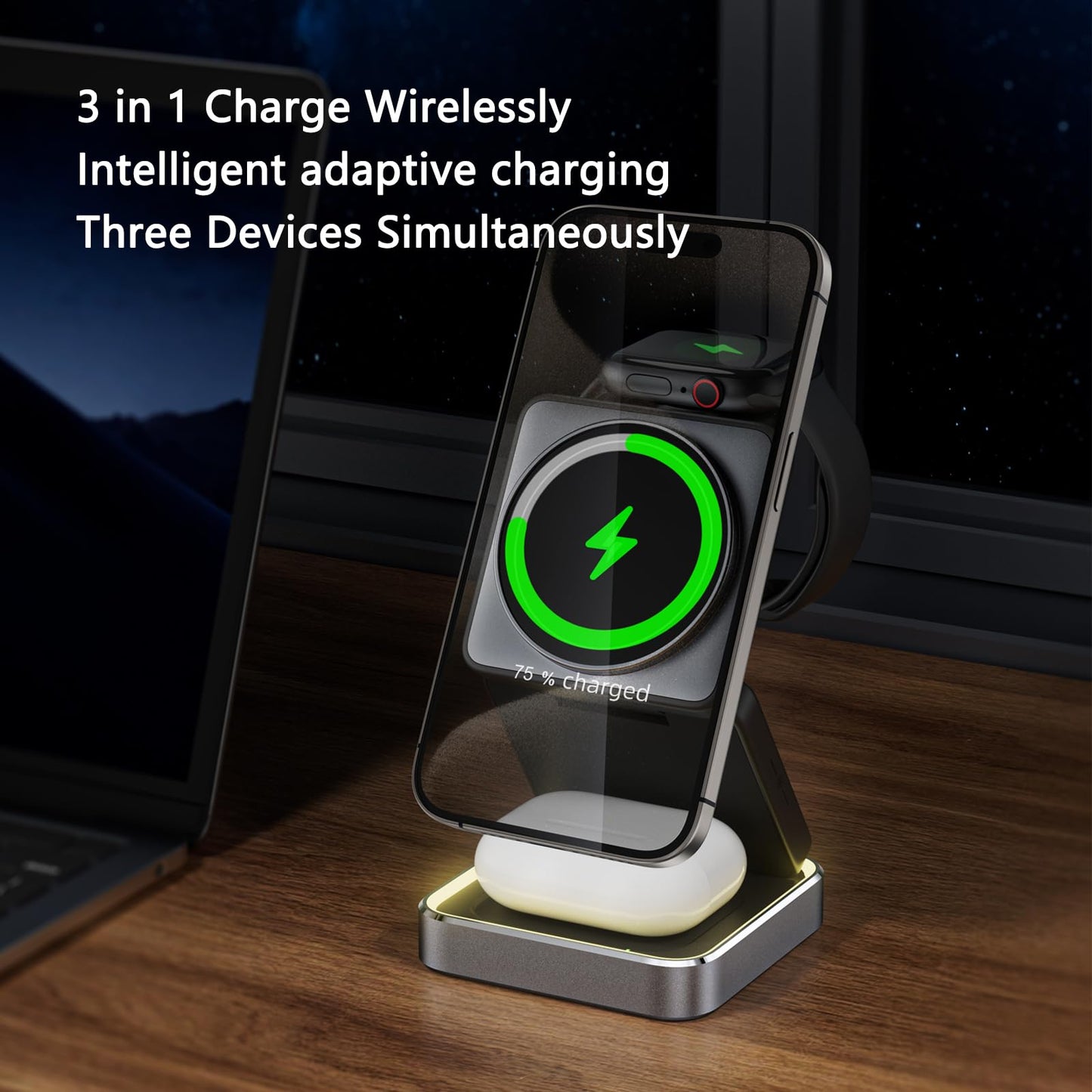 3 in 1 Wireless Charger for iPhone 17 16 15 14 13 12 11 Pro Max Foldable Wireless Charging Station with Night Light for MagSafe Travel Magnetic
