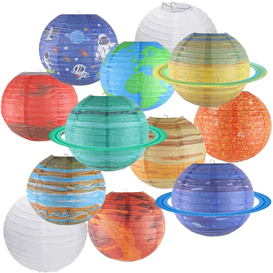 Clonynix 12Pcs 10 Inch Space Planet Paper Lanterns Decorative Solar System Hanging Round Paper Lanterns Lamp for Birthday Party Decoration Home Decor