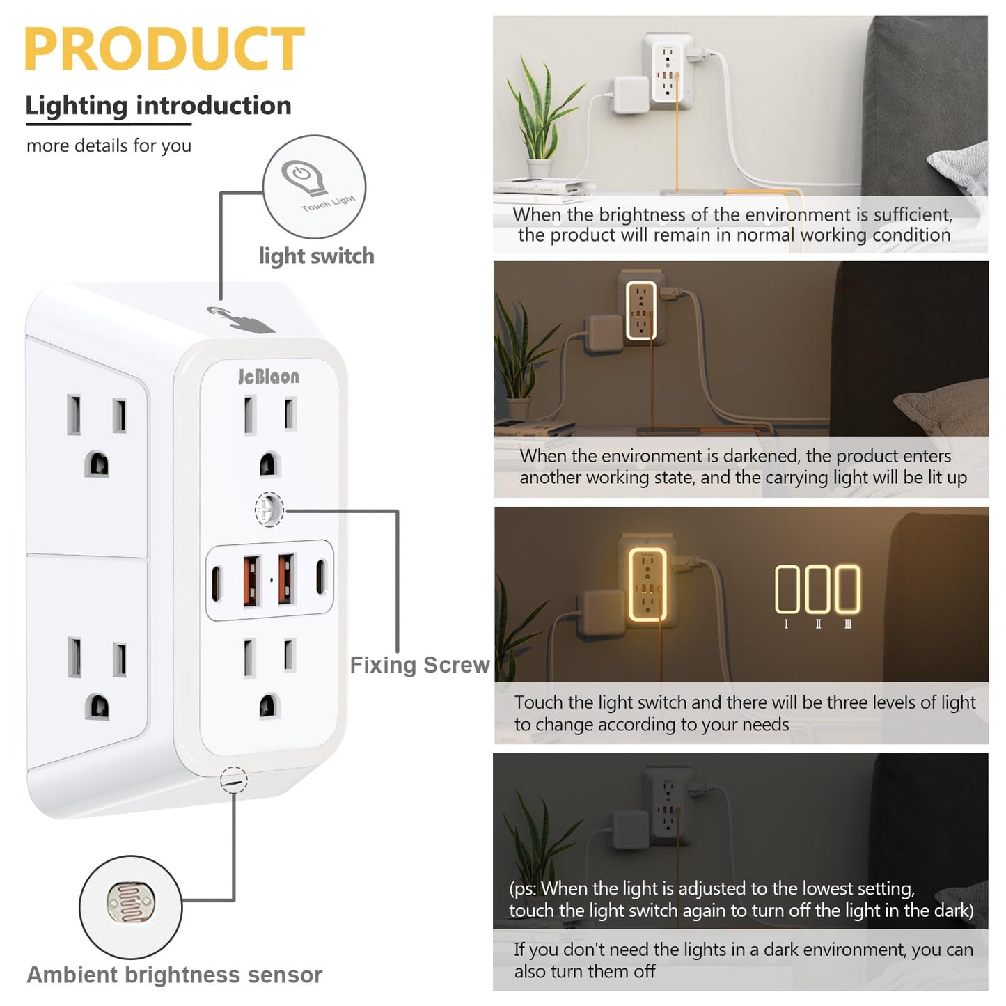 Wall Outlet Extender with Night Light, Power Plug Adapter 6 Outlet Extender with 4 USB Charging Ports 1050J Power Strip Multi Plug Adapter Spaced