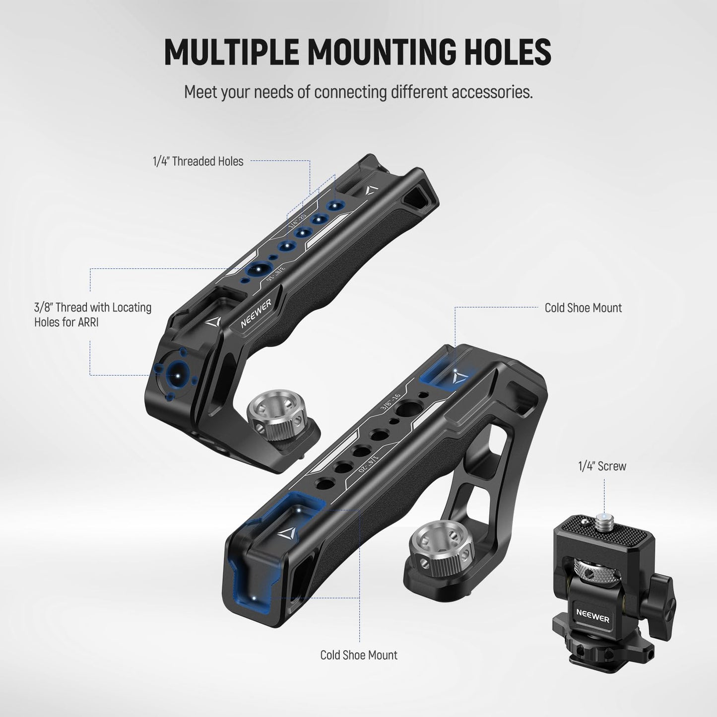 NEEWER CA007 Top Handle + MA006 Monitor Mount Set, Camera Cage Handle with 3/8" ARRI Locating + Cold Shoe Monitor Mount with 180° Tilt Damping for 5"