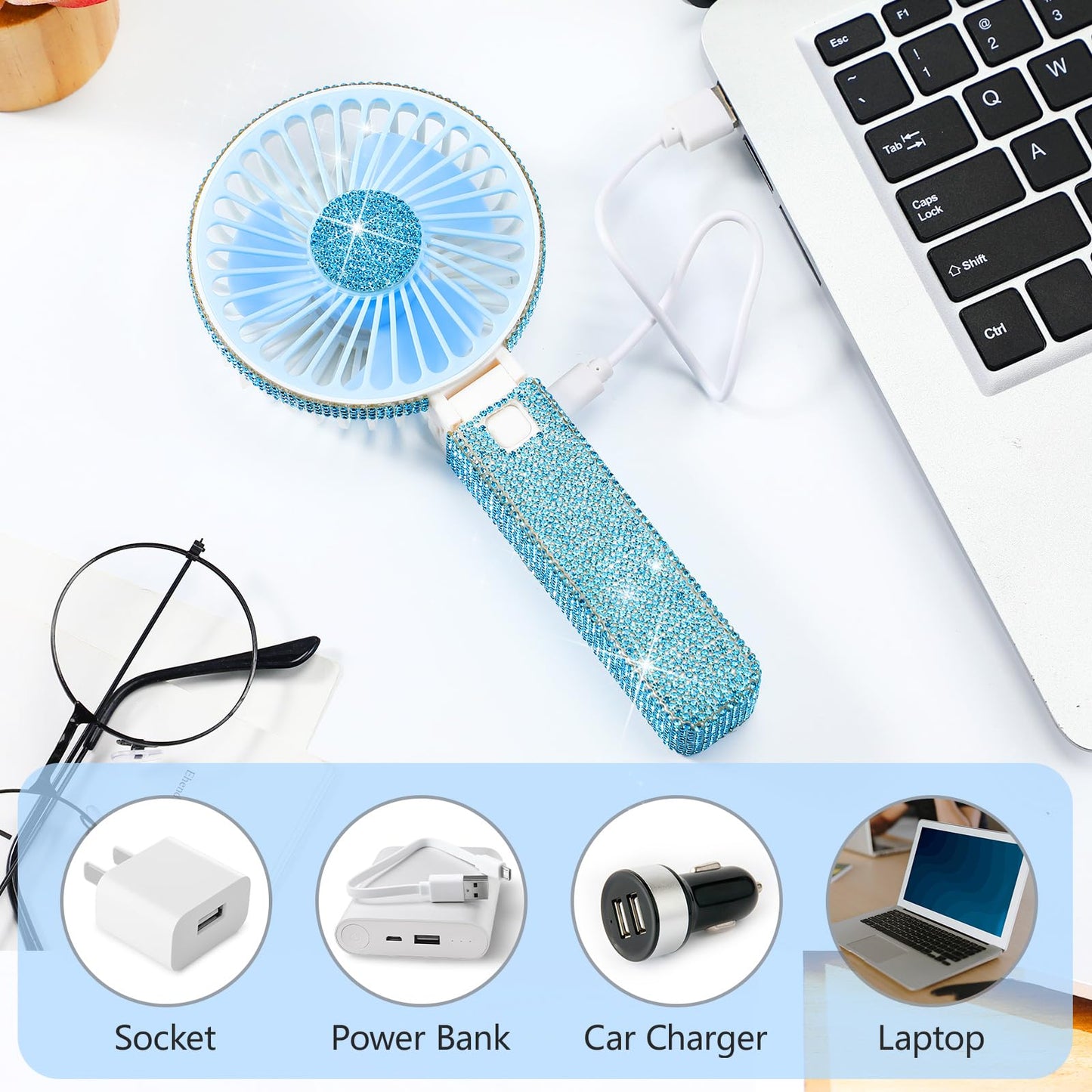 Mudder Rhinestone Bling Handheld Bride Fan Crystal, Blue, Foldable