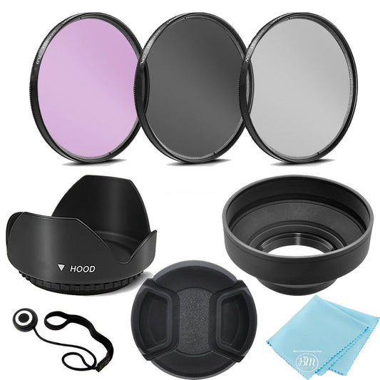 3 Piece Filter Kit (UV-CPL-FLD) + Tulip Lens Hood + Soft Rubber Hood + Lens Cap + for Select Canon, Nikon, Sony, Olympus, Panasonic, Fuji, Sigma SLR