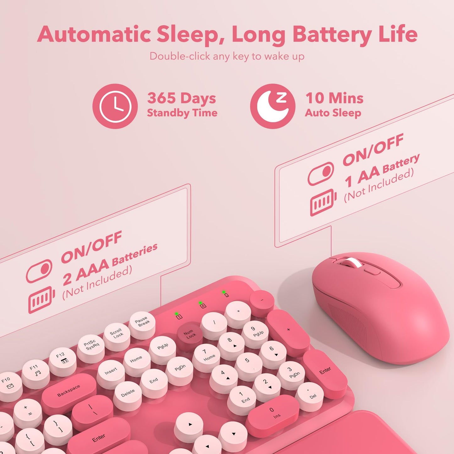 Wireless Keyboard and Mouse Combo, Cute Hot Pink Full-Size Retro Typewriter Keyboard with Round Keycaps, Magnetic Wrist Rest, Tilt Legs, 2.4GHz