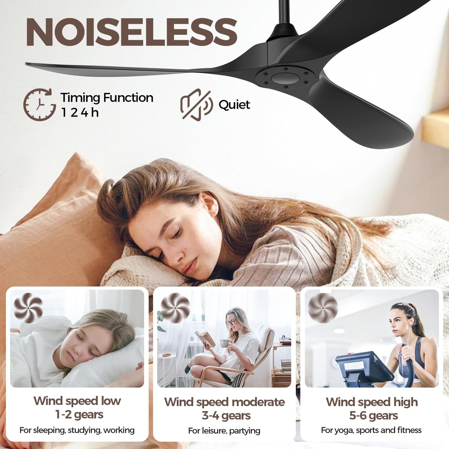 Obabala Black Outdoor Ceiling Fan, 52 in Ceiling Fans No Light with Remote Control, 3 Blades, 6 Speed Reversible DC Motor Modern for Patios, Living