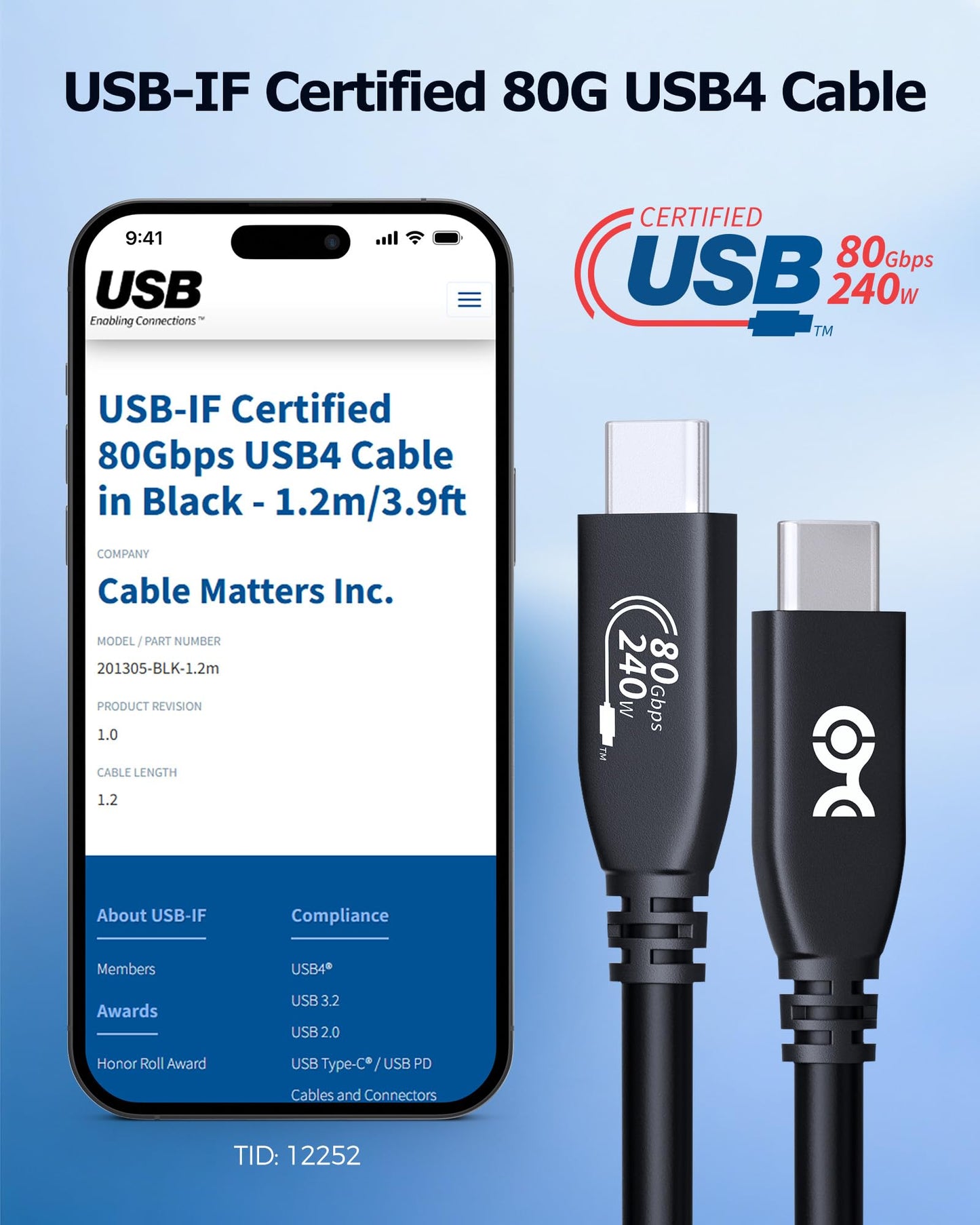 Cable Matters [USB-IF Certified] 80Gbps USB 4 Cable - 4.9ft, Supports Up to [8K@120Hz / 4K@480Hz Video, 240W Charging, 80Gbps Data Transfer] USB4