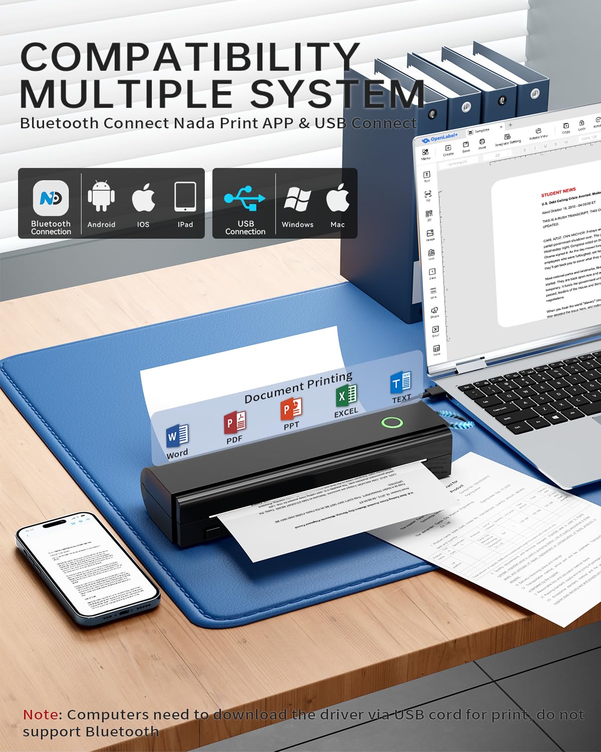 NDYIN Portable Printers Wireless for Travel, N80 Wireless Thermal Printer Bluetooth Inkless Printer Support 8.5" X 11" US Letter & A4, Compatible