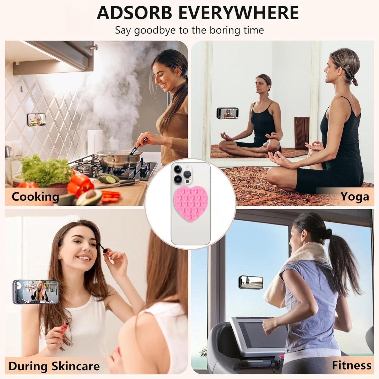 CIEO Silicone phone grip, strong suction, Heart-shaped phone holder,suitable for selfies and videos on mirrors, bathrooms and smooth surfaces