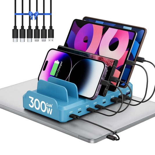 300W Charging Station for Multiple Devices, 8 Port Multi USB C Fast Charger Station Dock for MacBook iPhone 16/15/14/13/12 Samsung Pixel Series iPad