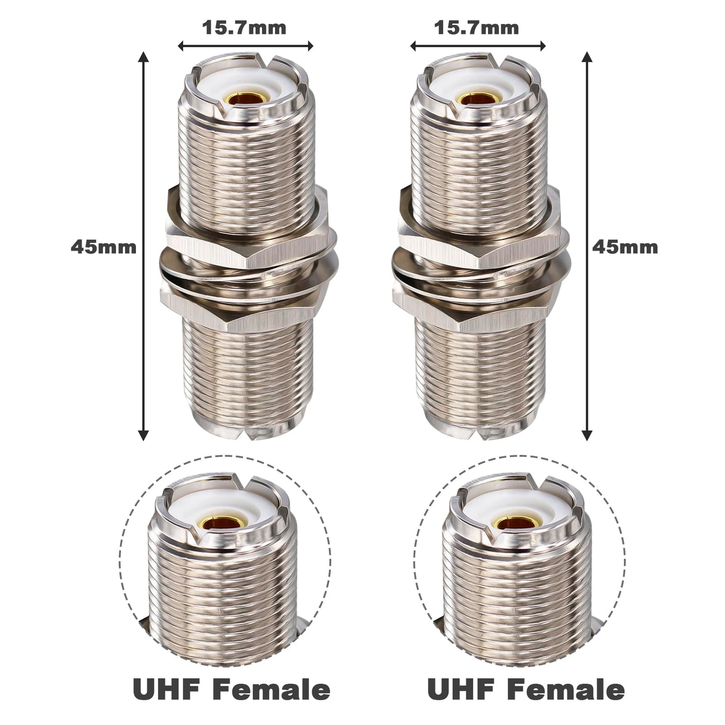 Kaunosta 2-Pack 1.77" Long Body UHF SO239 Female to Female Bulkhead Connector, Extended Thread Coax Adapter for Thick Panels (>15mm), Marine Boats
