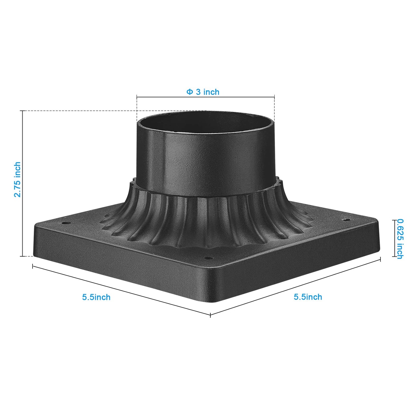 Darkaway Outdoor Post Light Base Mount, Post Light Adapter 3'' Pier Mount Base with Matte Black Finish for Deck Porch Patio, 5.5" W x 5.5" D x 2.75''H