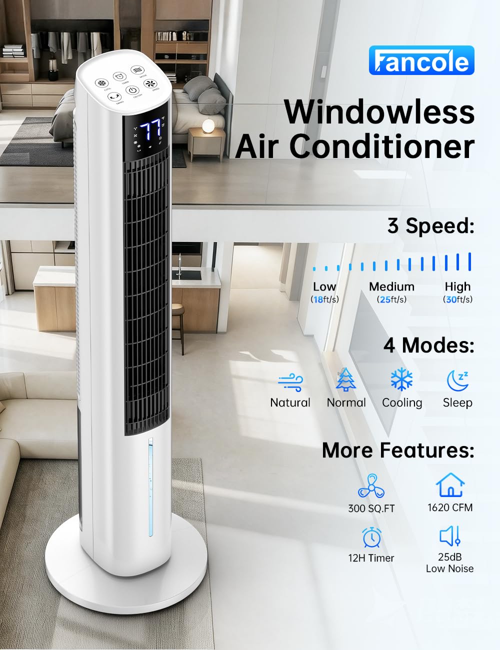 fancole 45" Windowless Air Conditioner for Bedroom, 25dB Ultra-Quiet Sleep Mode, 4L Dual Tank Cooling 24H, 120° Swing Swamp Cooler Air Conditioner
