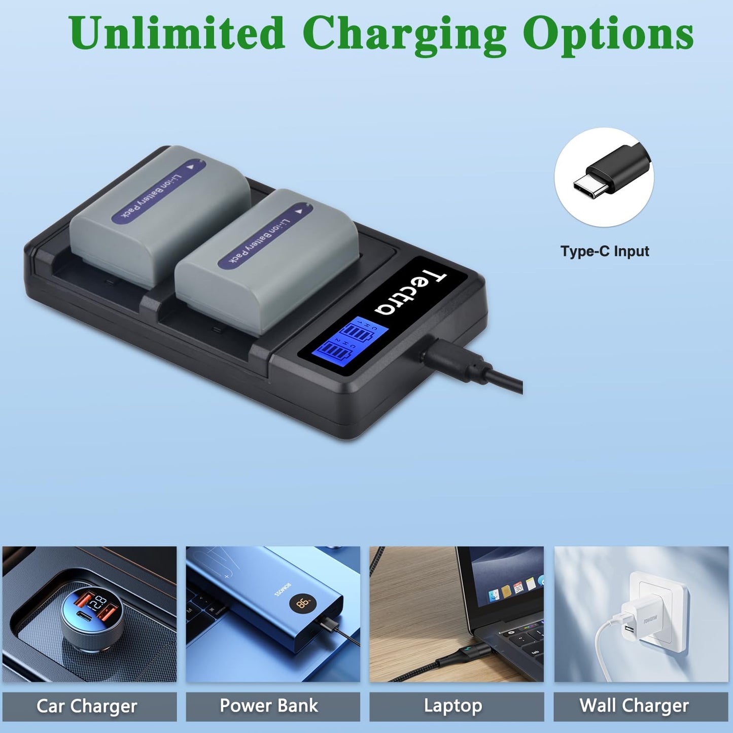 Tectra 2-Pack NP-FP50 Battery + LCD Dual Charger for Sony NP-FP30 NP-FP60 NP-FP70 DCR-DVD103 DCR-DVD105 DCR-DVD203 DCR-DVD205 DCR-DVD305 DCR-DVD92