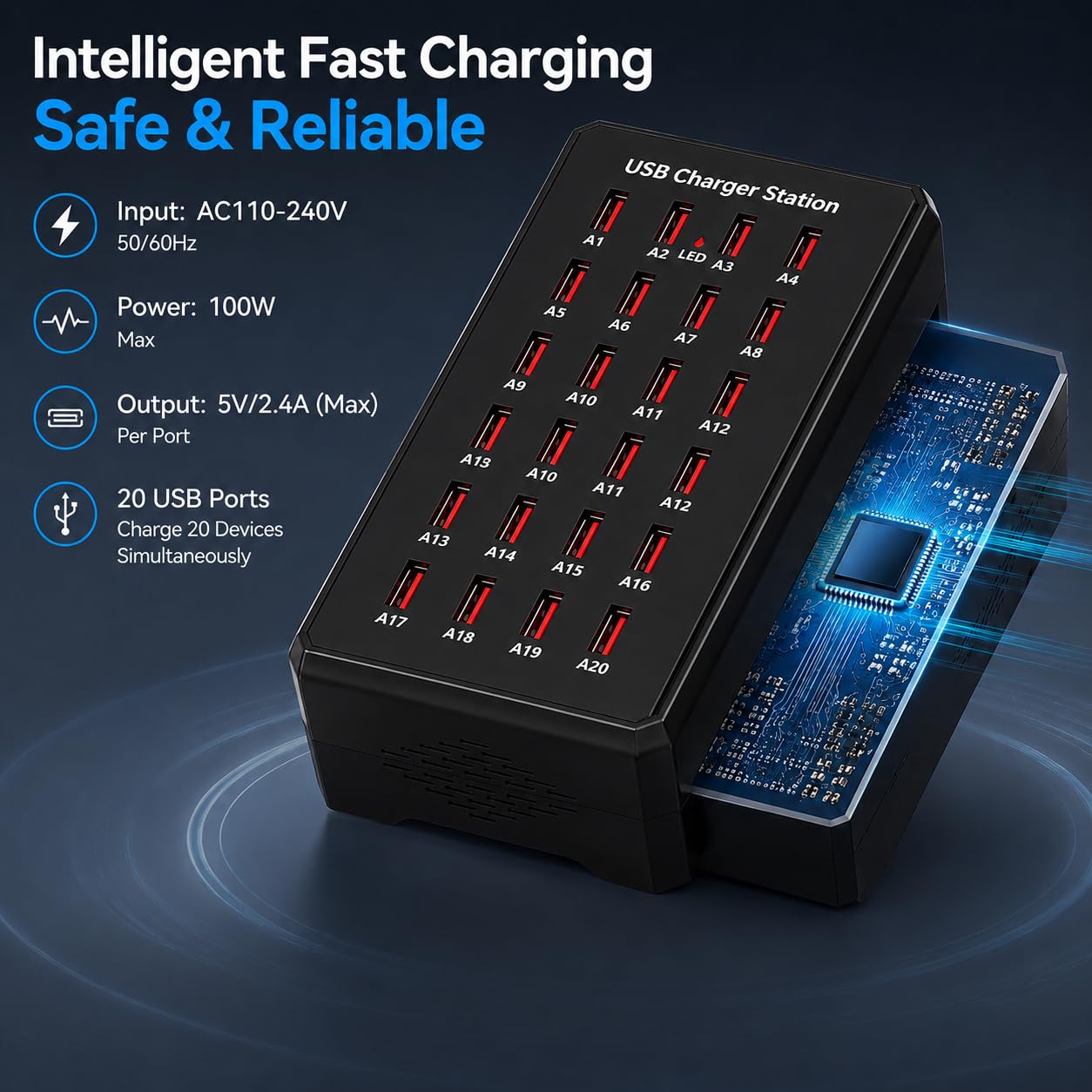 20 Port USB Charging Station, 100W (20A) Multifunctional Smart Charger, USB A Charging Block, Multiple Device Chargers, Compatible