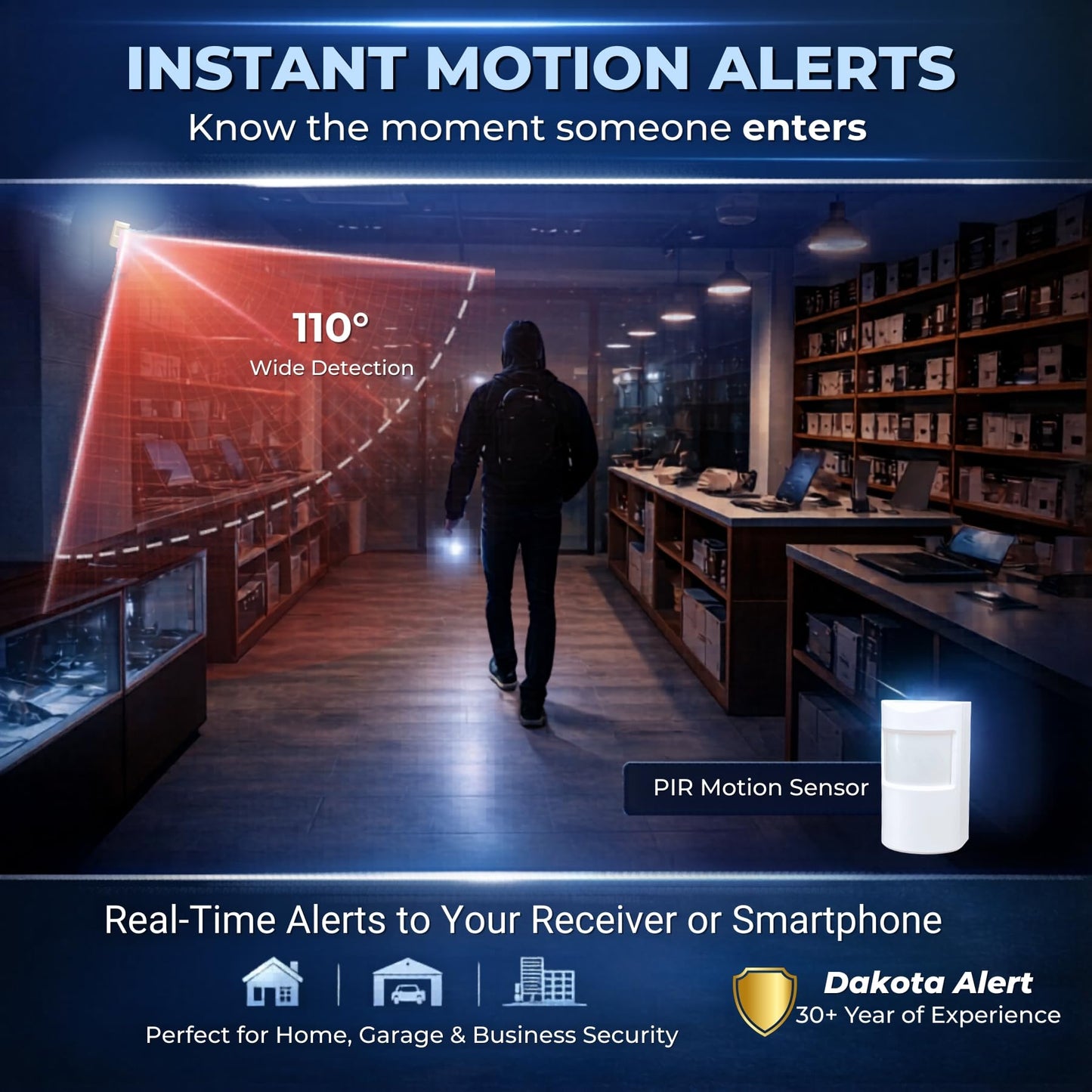 Dakota Alert Wireless Motion Detector - PIR-4000 Indoor Passive Infrared Sensor, Battery-Operated, Long Range Infrared Sensor Detects People up to 40'