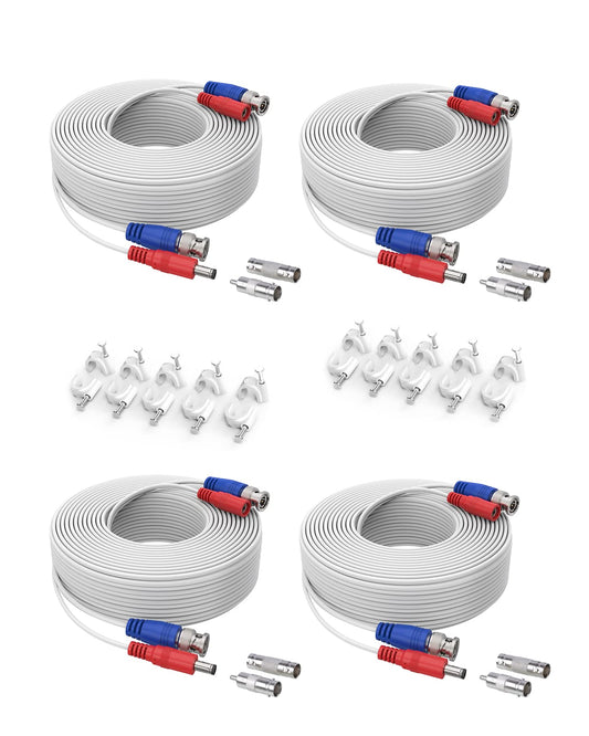 SANNCE 4-Pack 100ft BNC Video and Power Security Camera Cable with BNC Connectors and RCA Adapters for CCTV Camera System 100pcs Cable Clips Included