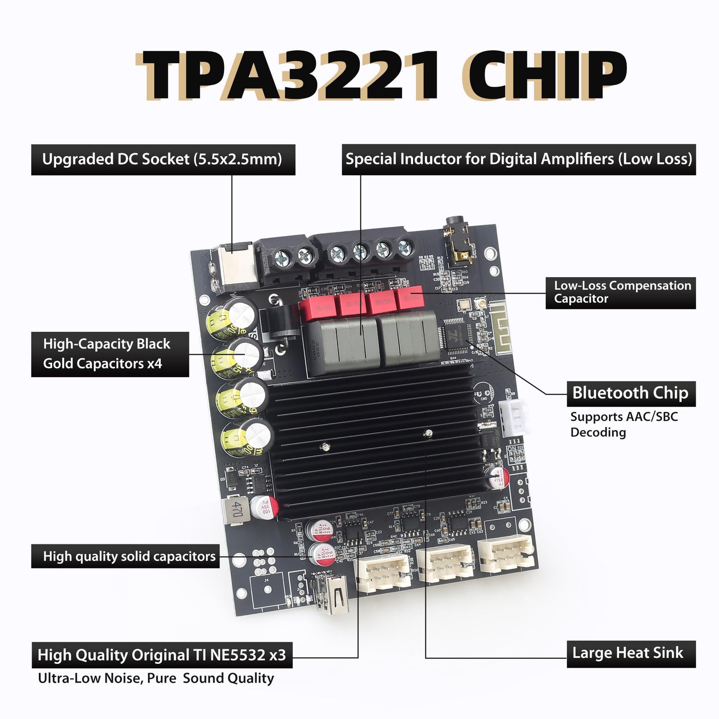 T100HS-W Power Amplifier Board Bluetooth5.2 TPA3221 Chip 2.0 Channel 100W×2,Audio Power Amplifier with Front Panel