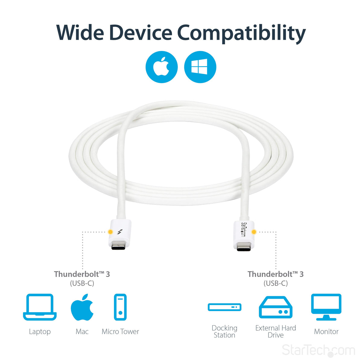 StarTech 6.6ft/2m Passive Thunderbolt 3 Cable 20Gbps, 4K60, 100W, Certified