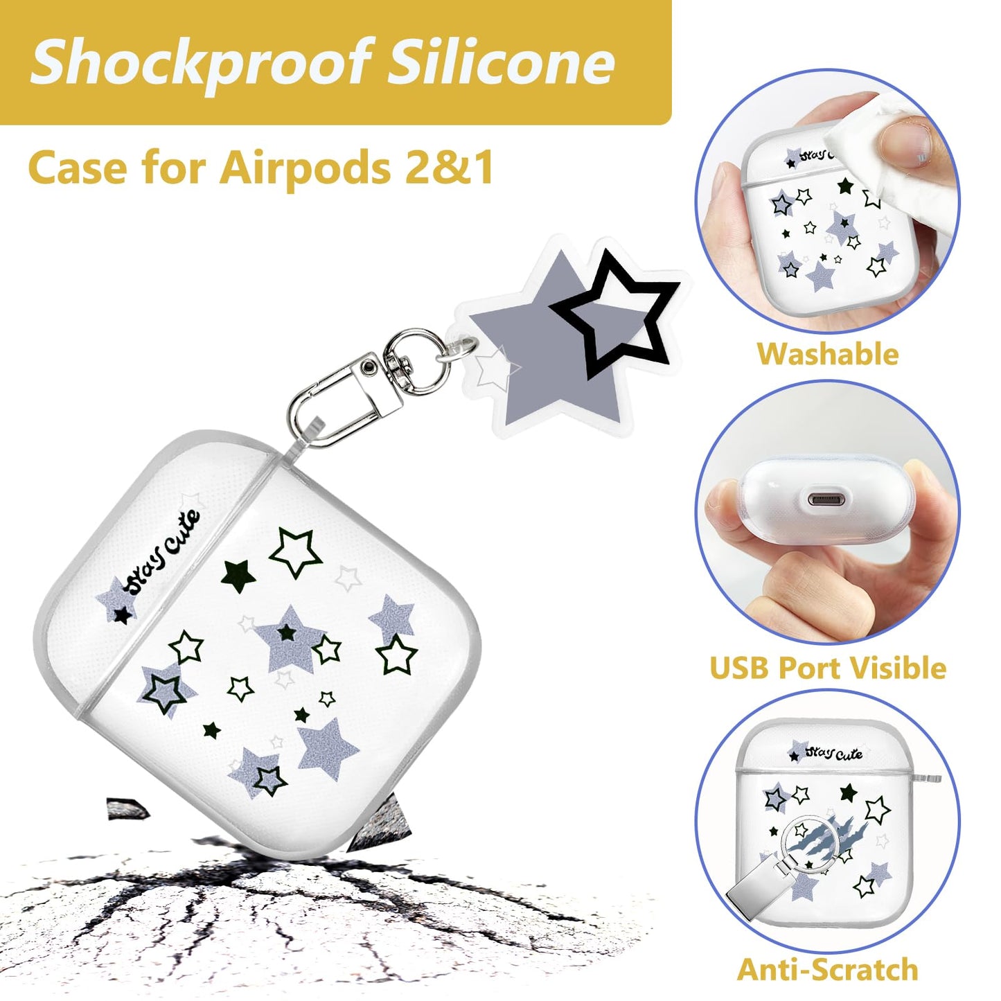 AIIEKZ Compatible with AirPods Case Cover, Kawaii Clear Soft TPU Case with Cute Star Keychain for AirPods 1&2 Generation Case for Girls Women (Airpods